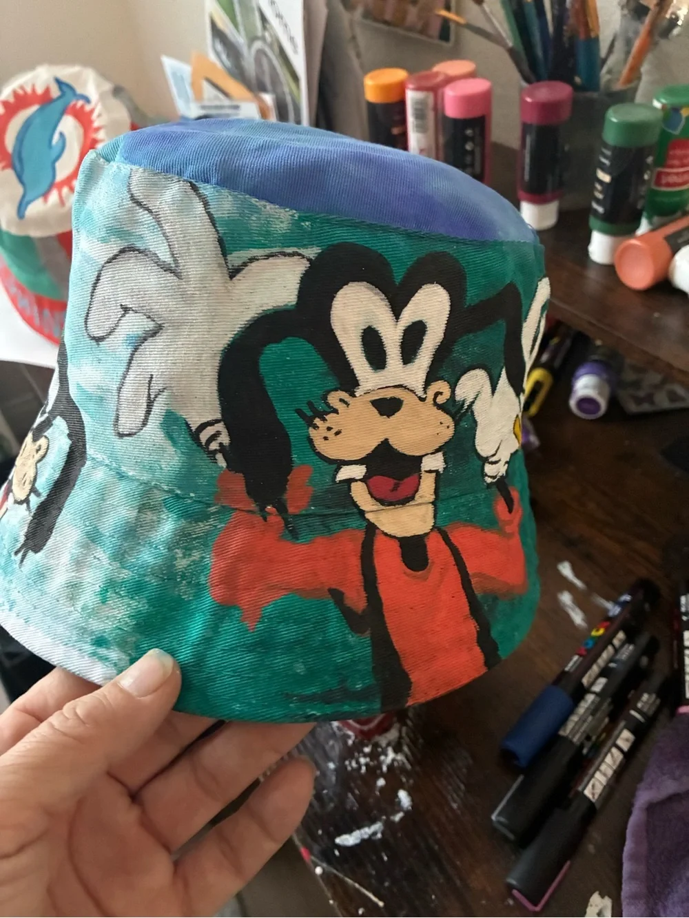 mine Painted Teal & Blue Kids Bucket Hat with Yellow 'WHOOPS'